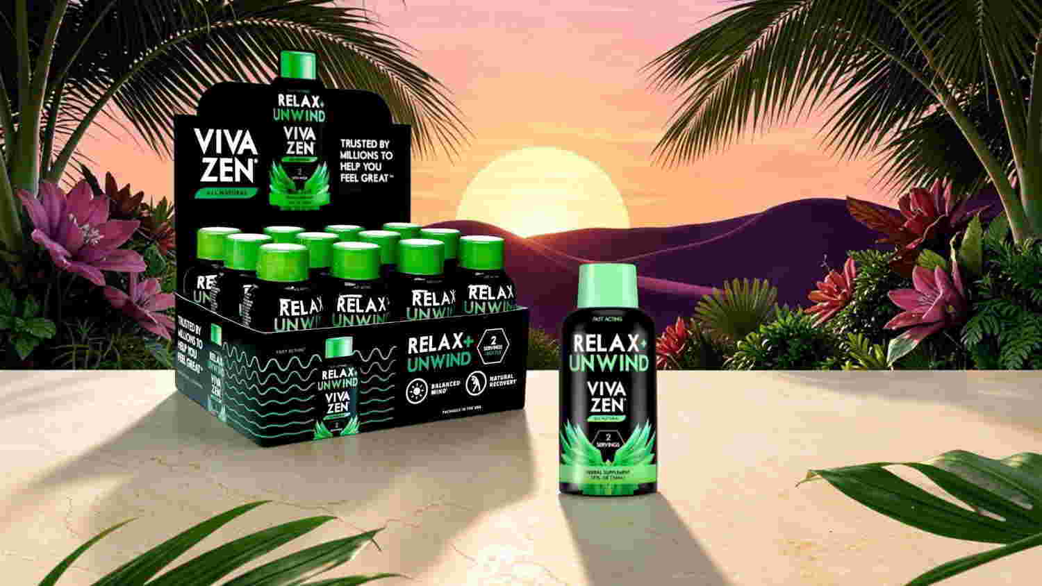 Display of energy drink bottles against a tropical sunset backdrop.