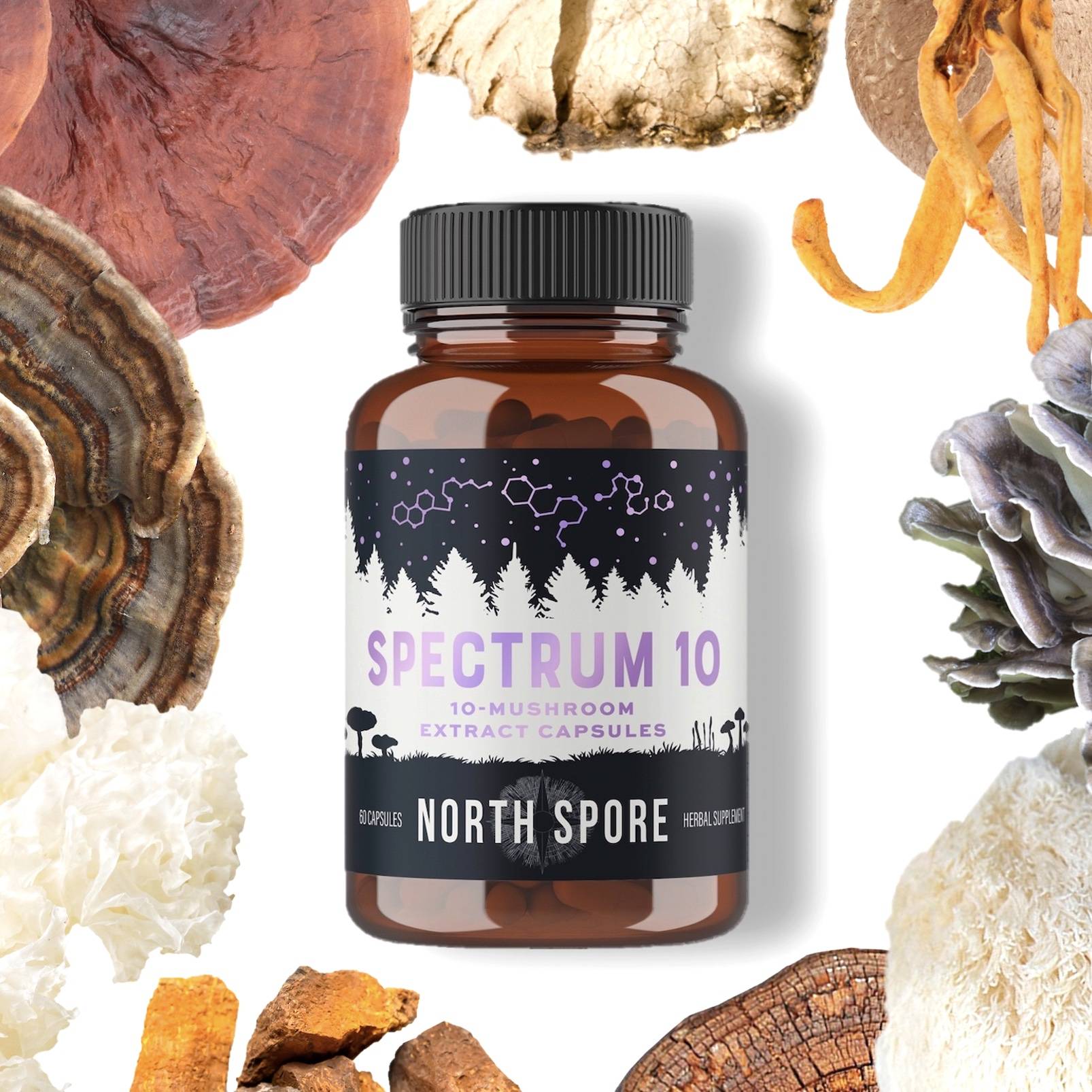 Spectrum 10 capsule bottle surrounded by mushrooms