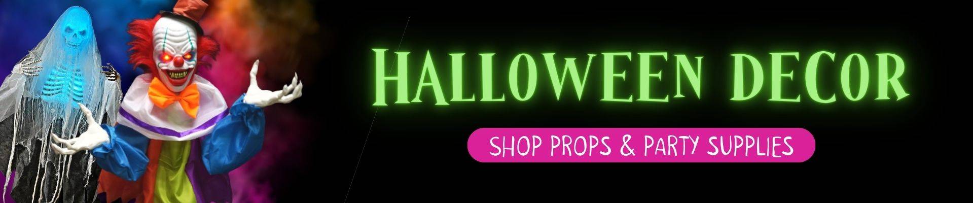 Skeleton ghost and scary clown props. Halloween Decor. Shop props and party supplies.