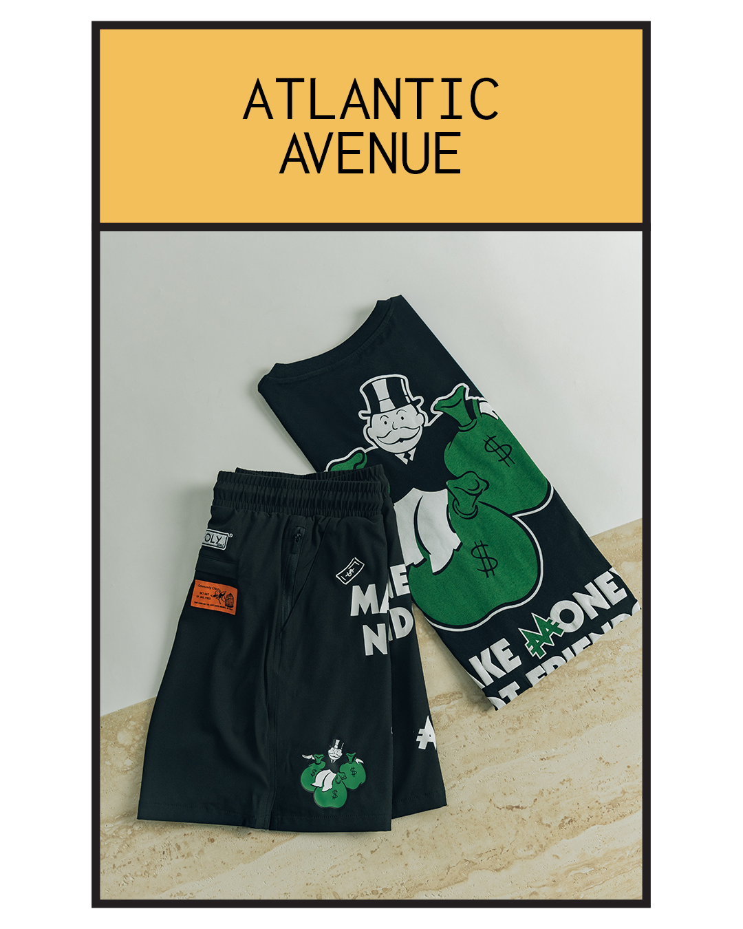 Black clothing with graphic designs, labeled 