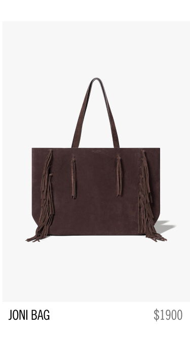 Brown suede tote bag with fringe details. Price: $1900.