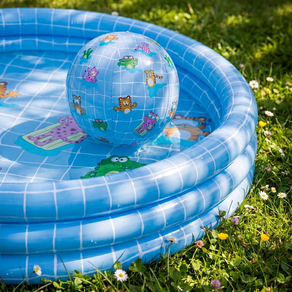 A blue inflatable kiddie pool with a beach ball inside, on grass.