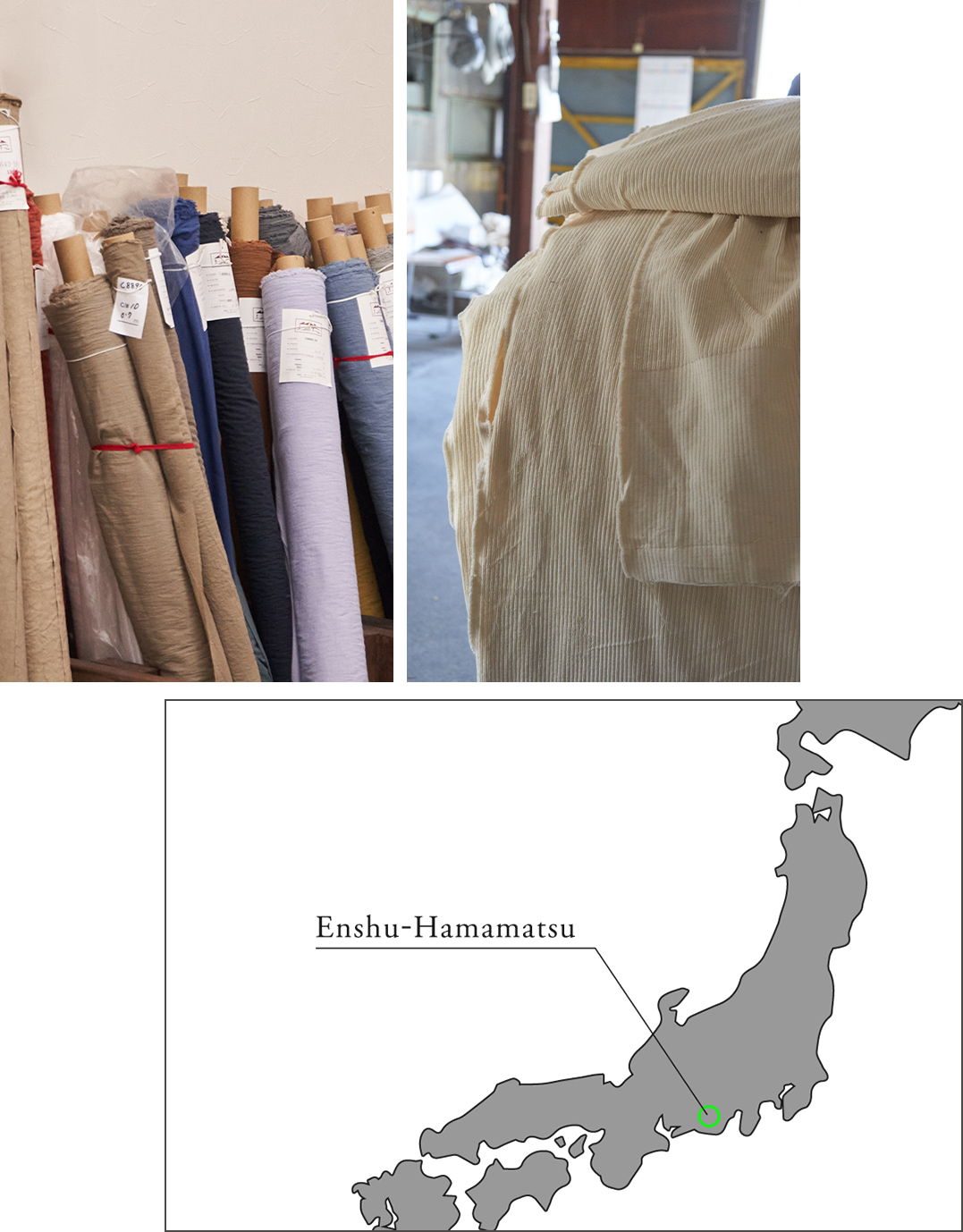 Fabric rolls, garment detail, and a map of Japan highlighting Eda-Hanamatari.