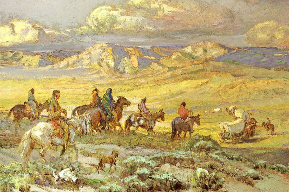 Friendly Indians following wagon train along the Oregon Trail