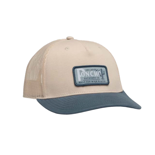 A beige and blue cap with a logo on the front.
