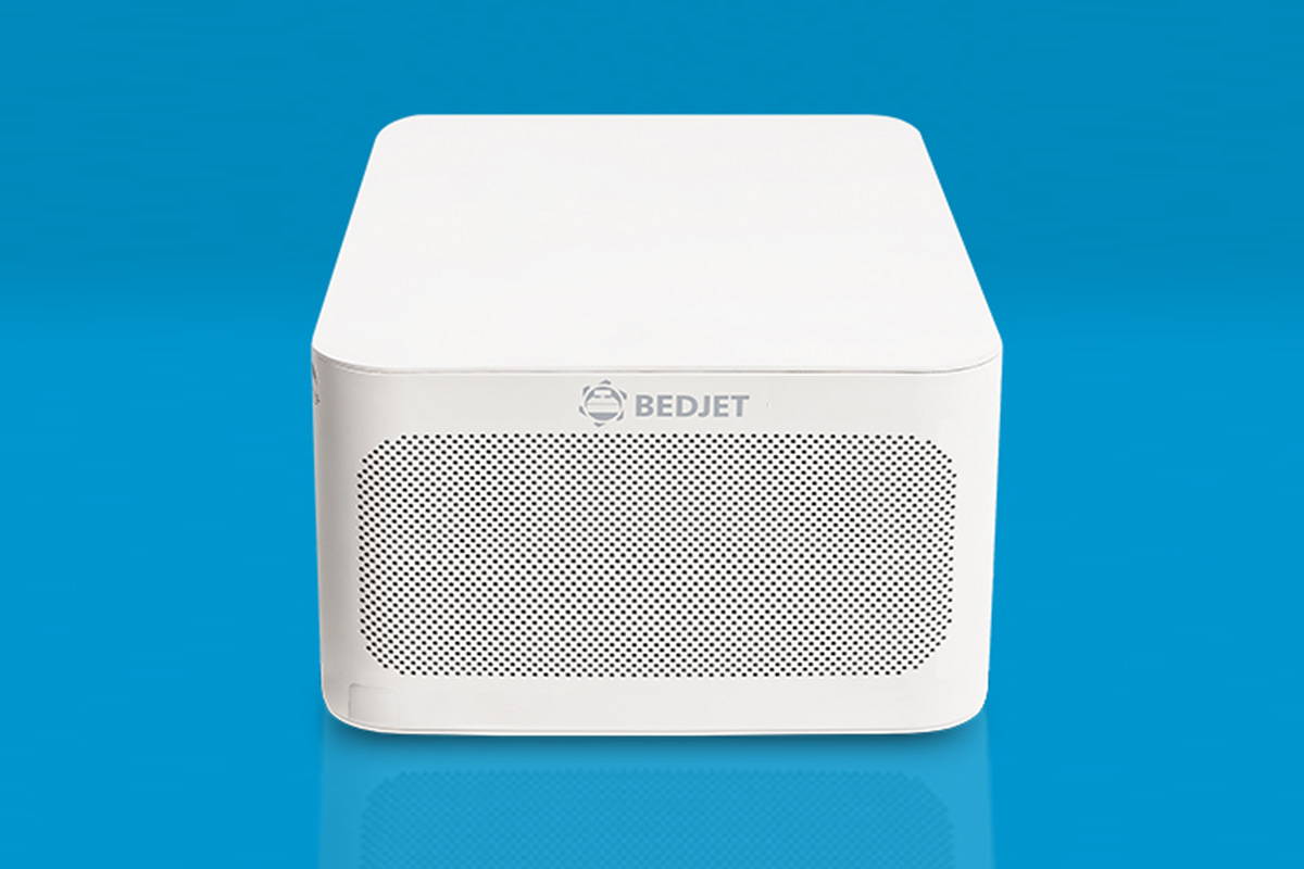 A white BedJet 3 Unit on a blue background