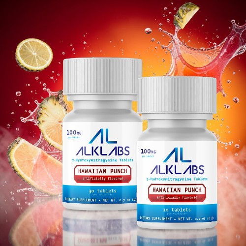 Bottles of Hawaiian Punch dietary supplement with fruit splash background.