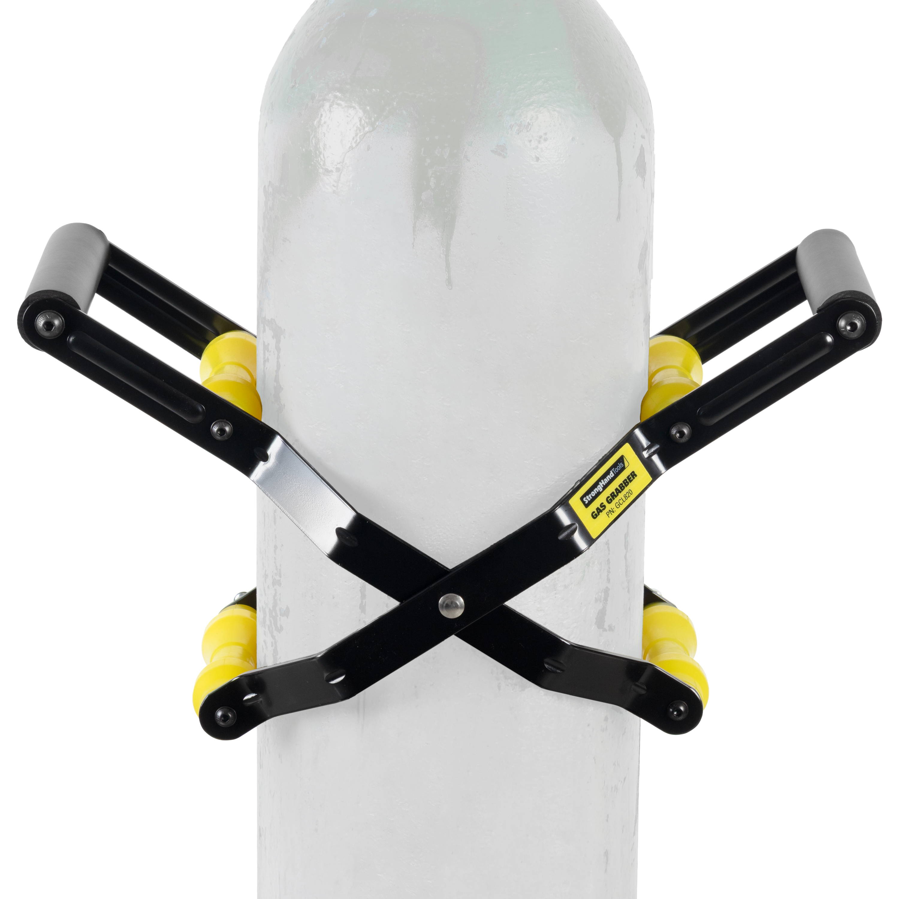 Oxygen cylinder secured with a black and yellow holder.