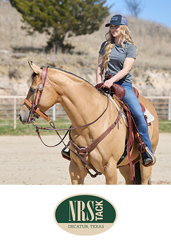 Woman riding a horse, wearing a cap and a t-shirt.