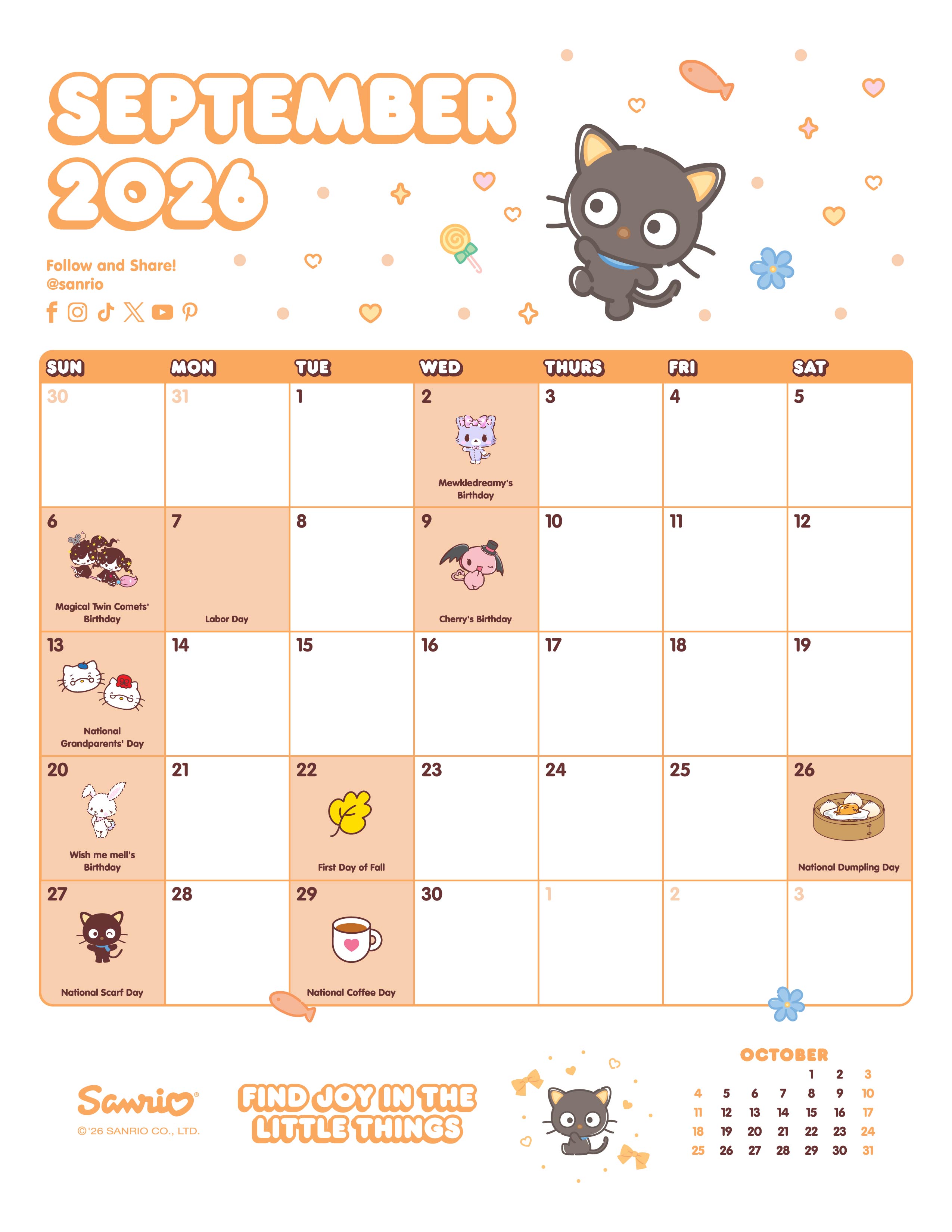 September 2026 calendar with cute characters and design elements.