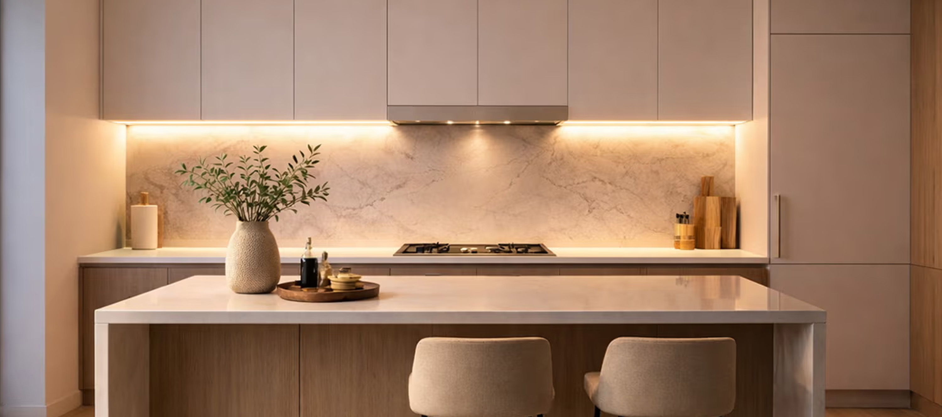 Modular Cabinet Lighting System providing continuous under cabinet lighting across a modern kitchen countertop