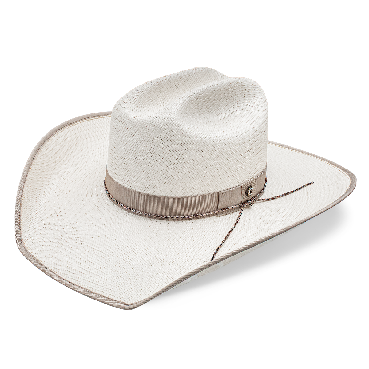 White cowboy hat with a beige band and decorative string.