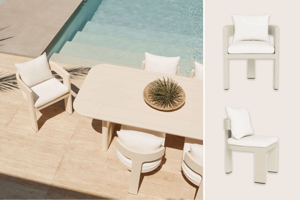 Modern cream outdoor dining set beside a pool with cushioned dining chairs and a rounded rectangular dining table on a light stone patio.