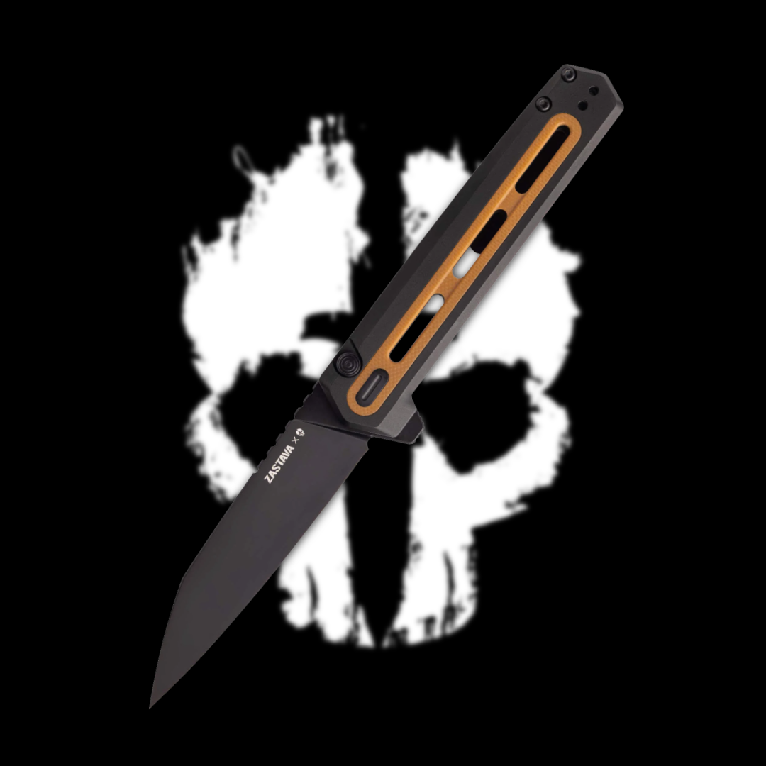A knife in front of a stylized skull graphic.
