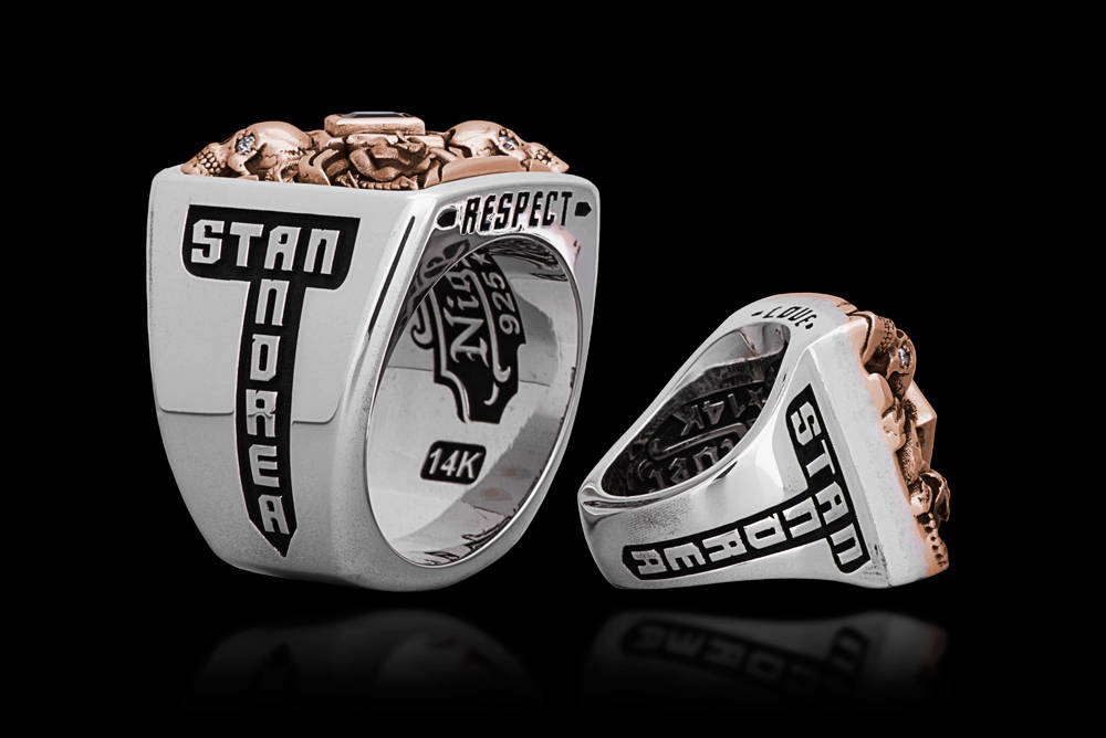 Custom 14K His and Hers Till Death Do Us Part Rings by NightRider Jewelry - Side View