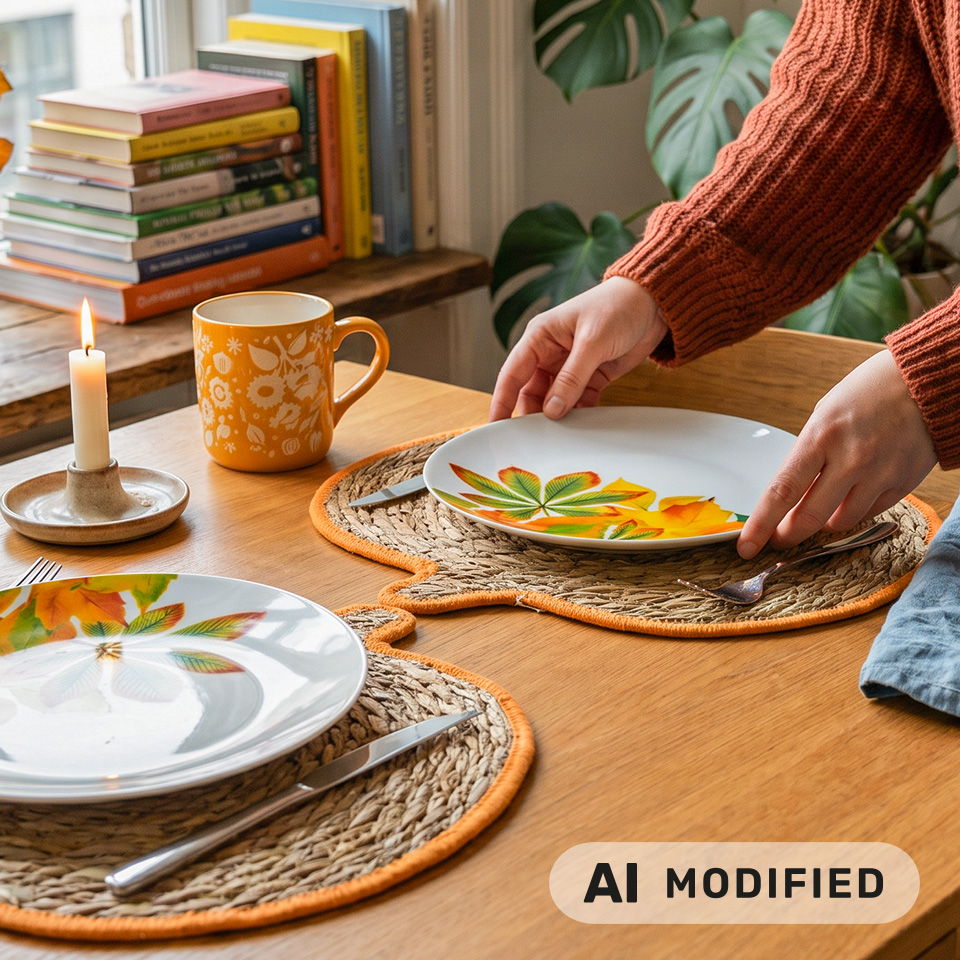 Une personne dressant une table avec des assiettes décoratives et une bougie.
