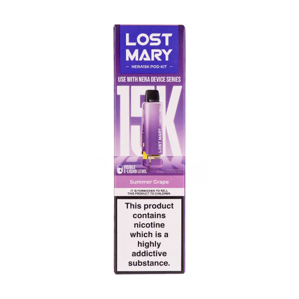 Lost Mary disposable vape, flavor: Summer Grape, warning label about nicotine addiction.