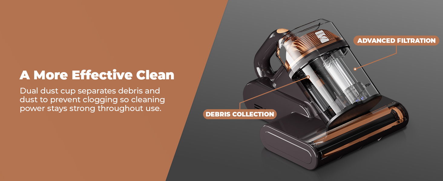Vacuum cleaner with features highlighted for effective cleaning.
