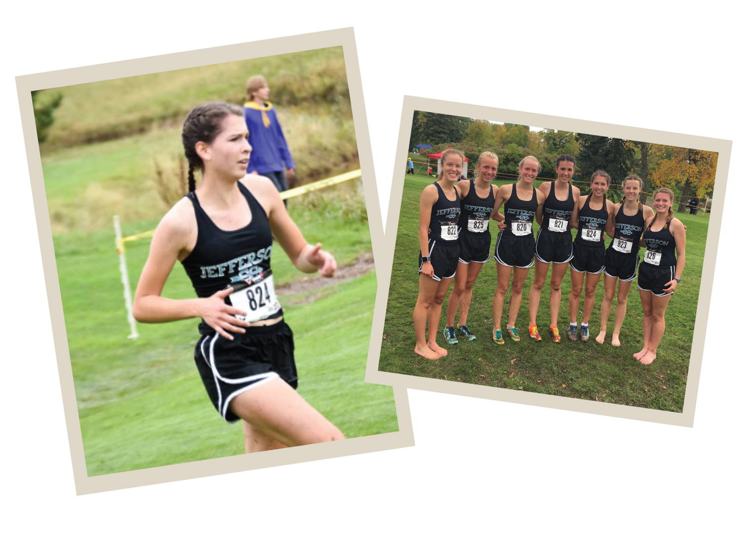 Elena Hayday as a high school athlete. Left: competing for her high school. Right: Posing with her teammates post-race