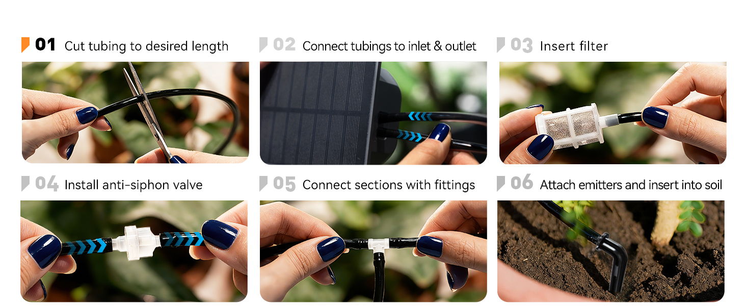 Steps for connecting solar panel wires in a garden.