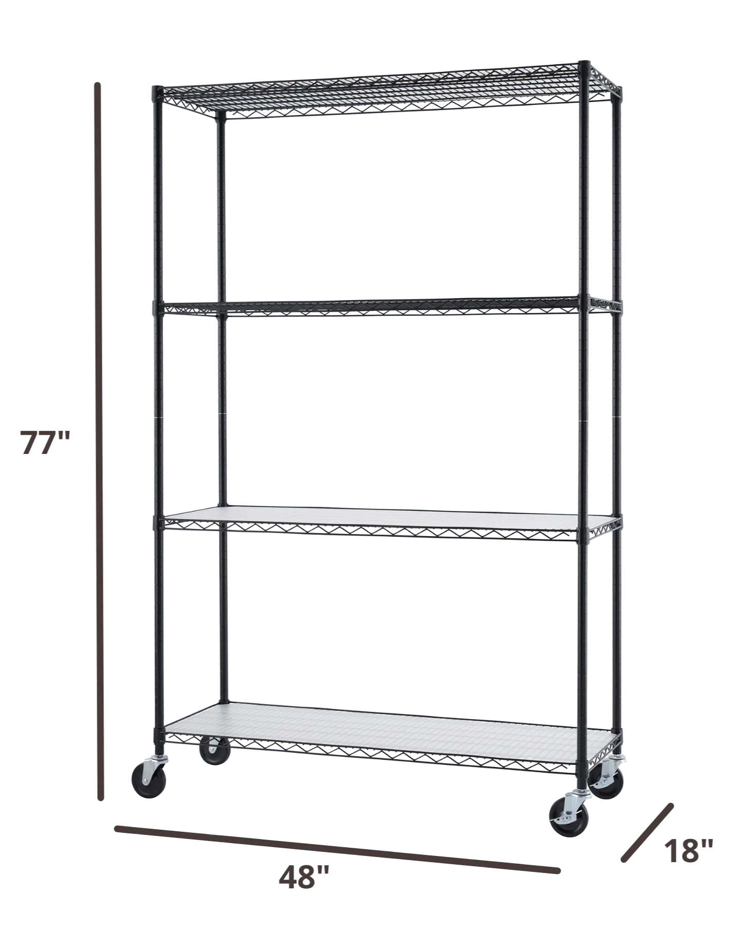 77 inches tall black wire shelving rack with wheels