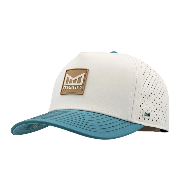 White and blue cap with a logo patch on the front.