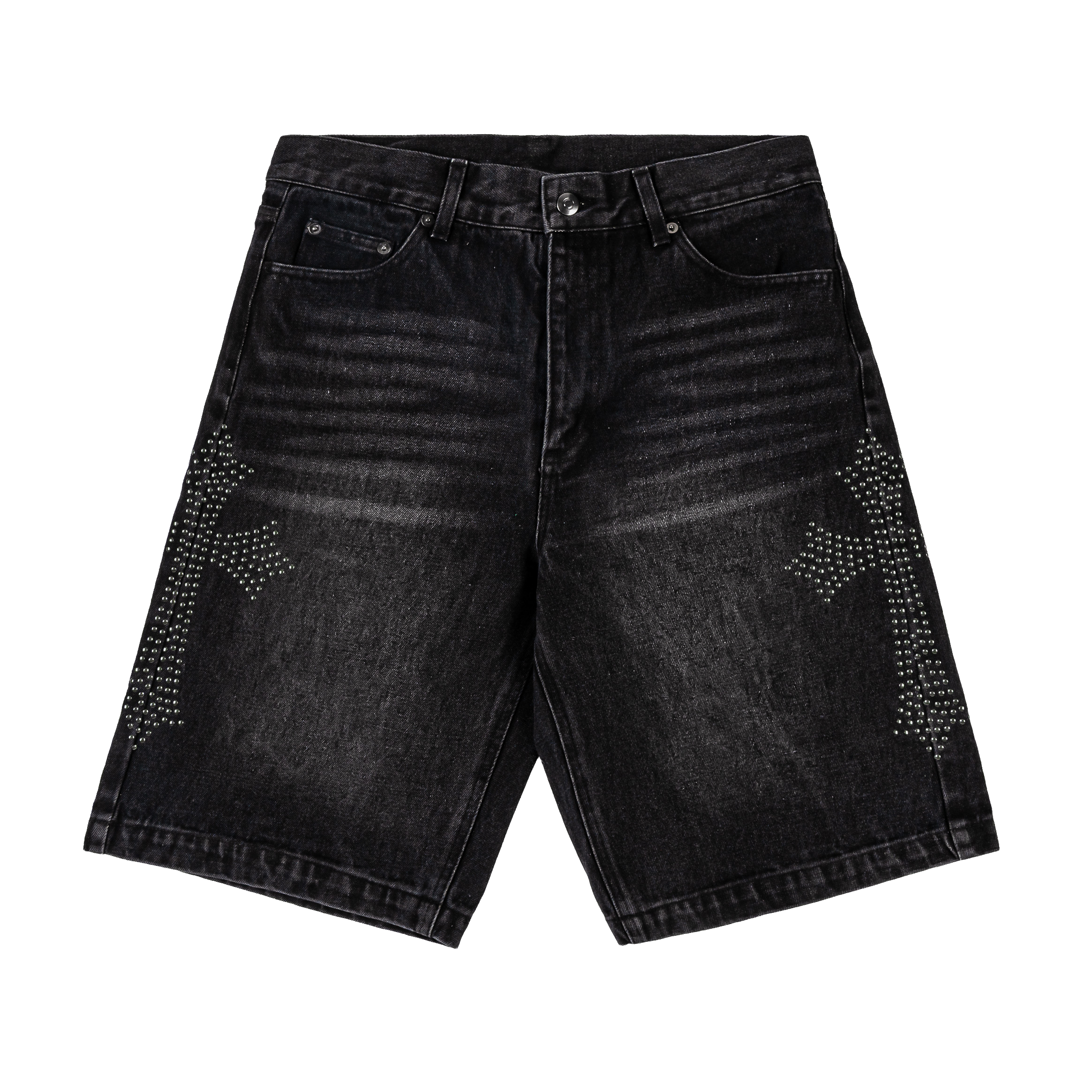 Black denim shorts with decorative stitching on the sides.