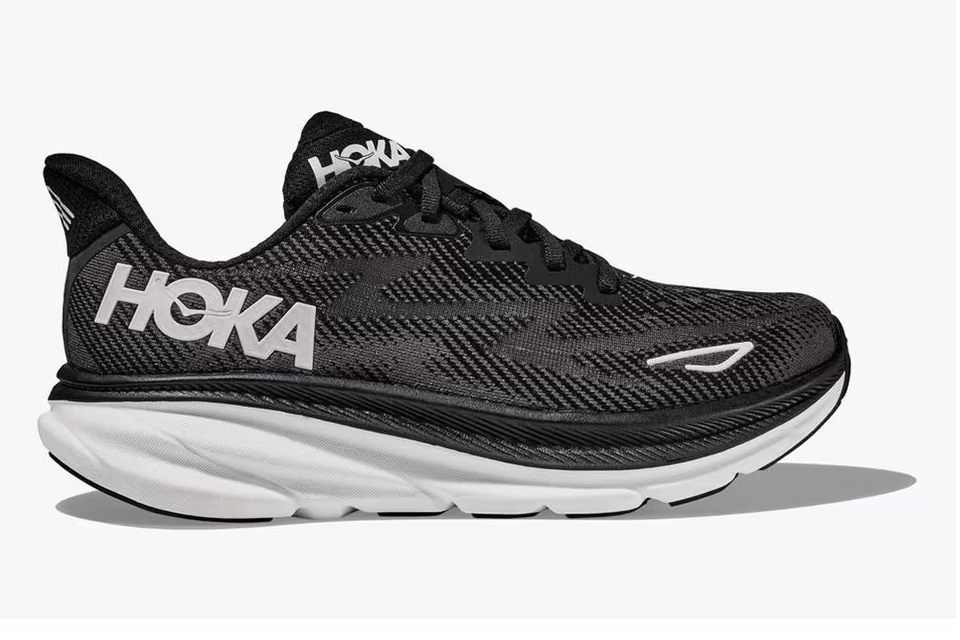 Hoka Women's Clifton 9 Running Shoes in the Black and White colorway