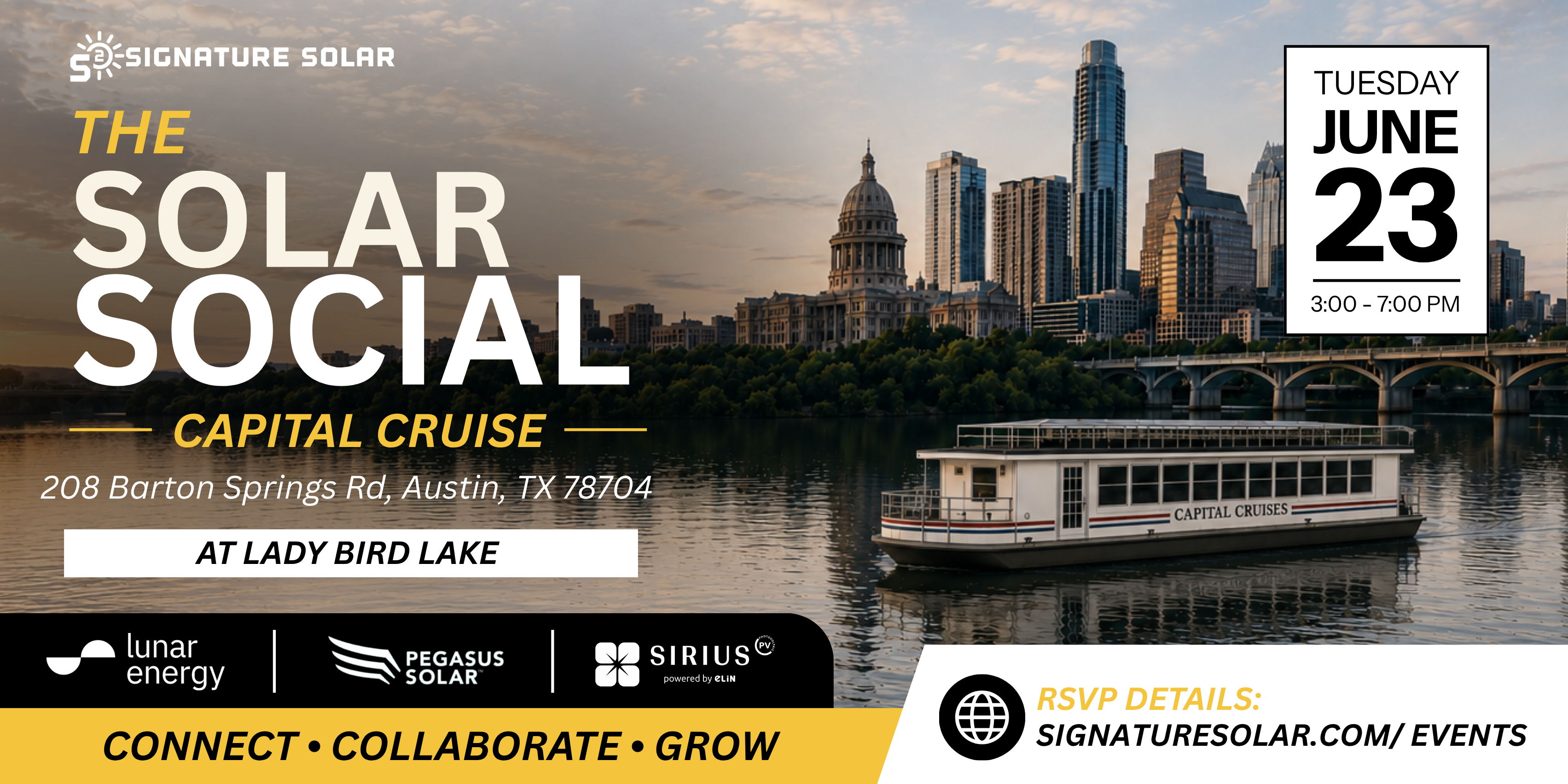 Event flyer for a solar social cruise on June 23rd in Austin, Texas.