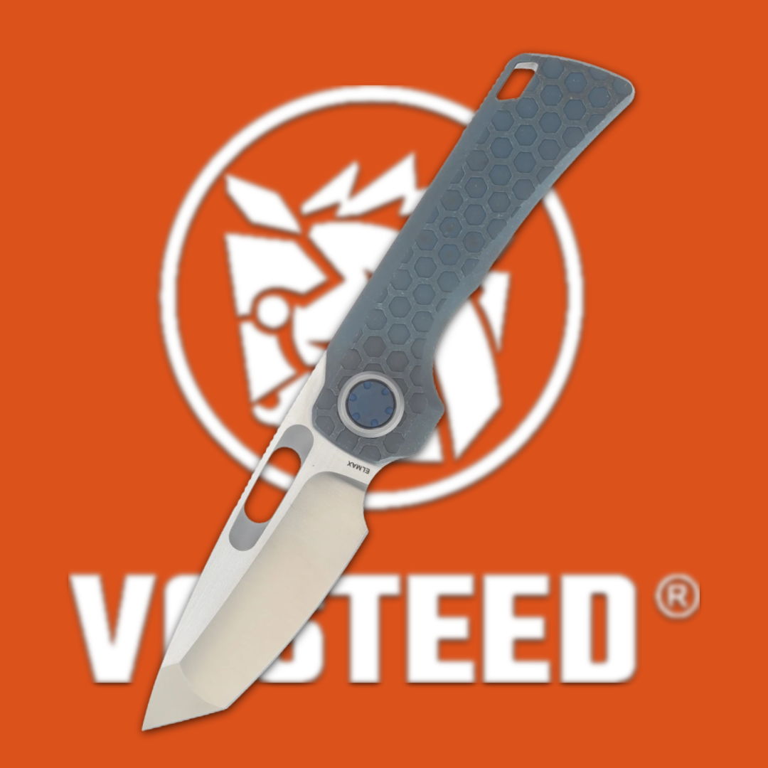 A folding knife in front of a Vosteed logo on an orange background.
