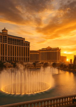 Bellagio fountains in Las Vegas at sunset creating a romantic cityscape scene.