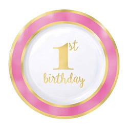 Image of round 1st birthday pink & gold plate. Shop all 1st birthday pink & gold party supplies. 
