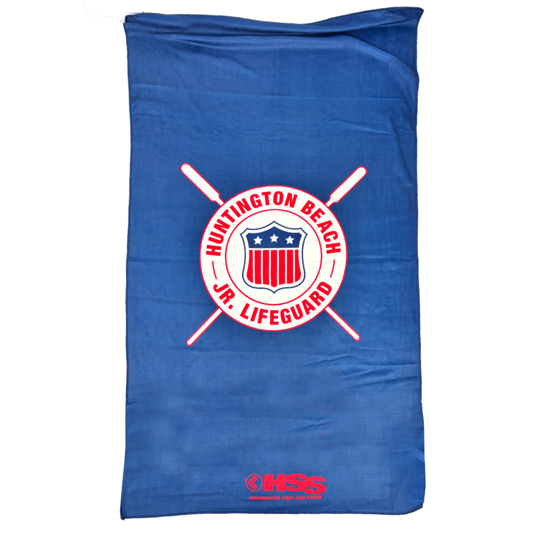 blue towel with HB Jr Lifeguards logo on white background