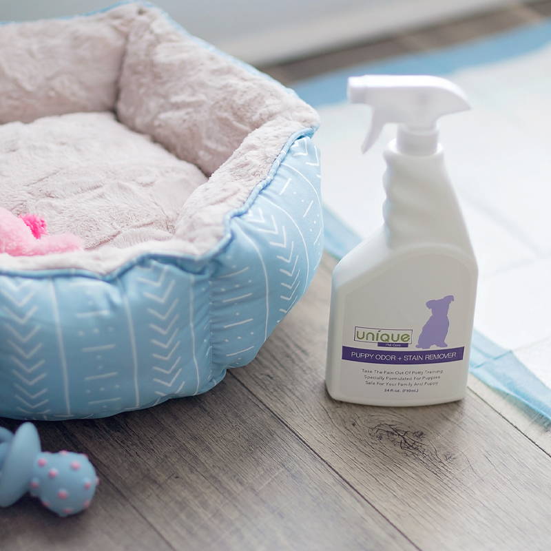 bottle of unique pet care puppy odor and stain remover next to pet bed and puppy pad