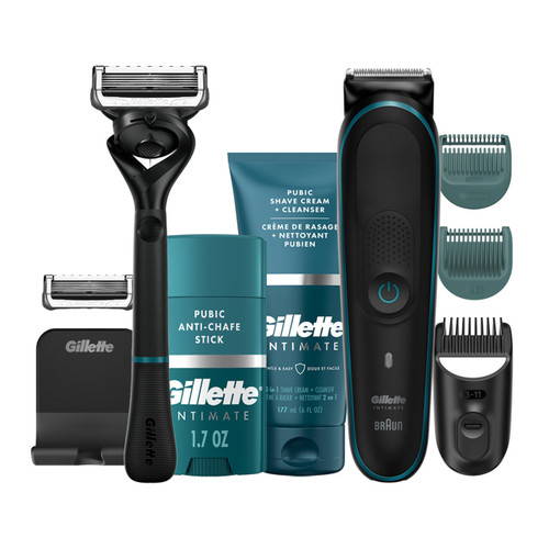 assortment of manscaping razors, trimmers, and chemical products