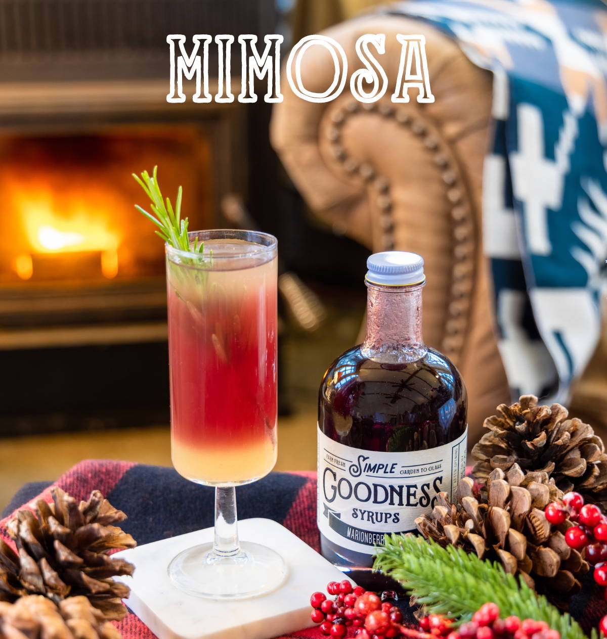 a layered mimosa cocktail with winter styling, on a plaid blanket