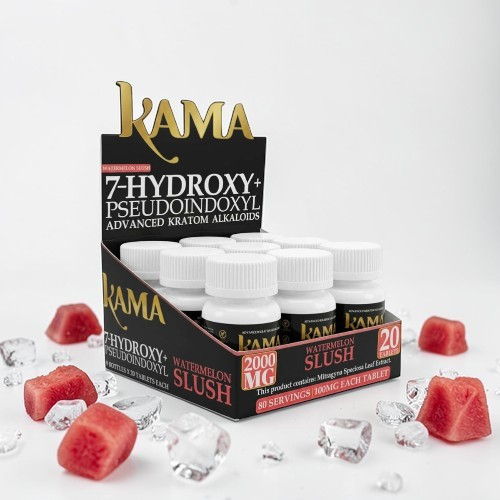 Kama product display with bottles, ice cubes, and red ice shapes.