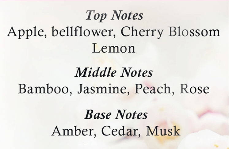 fleur de perle notes. Apple, bellflower, cherry blossom, lemon, bamboo, jasmine, peach, rose, amber, cedar, musk