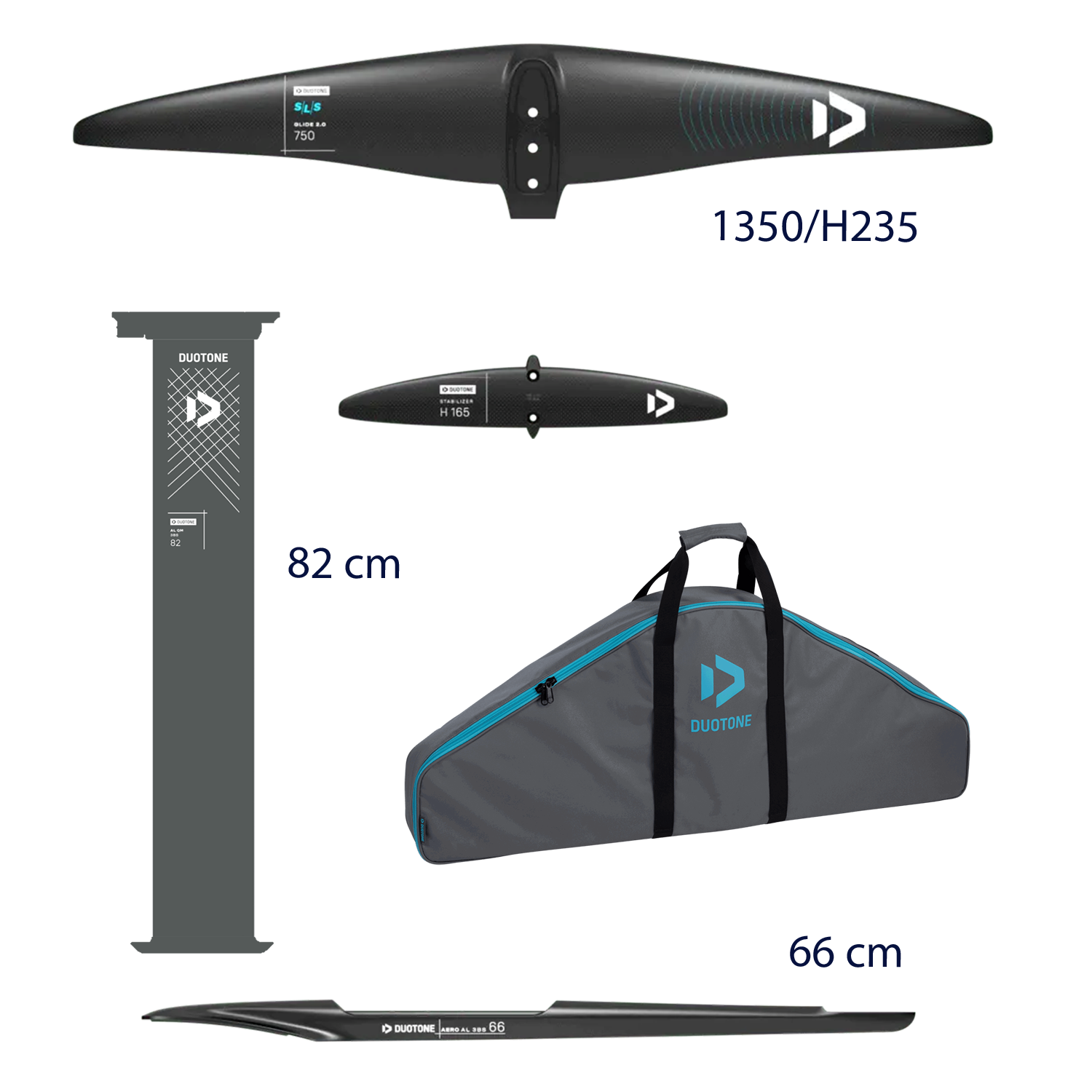 Hydrofoil components with dimensions and carrying bag.
