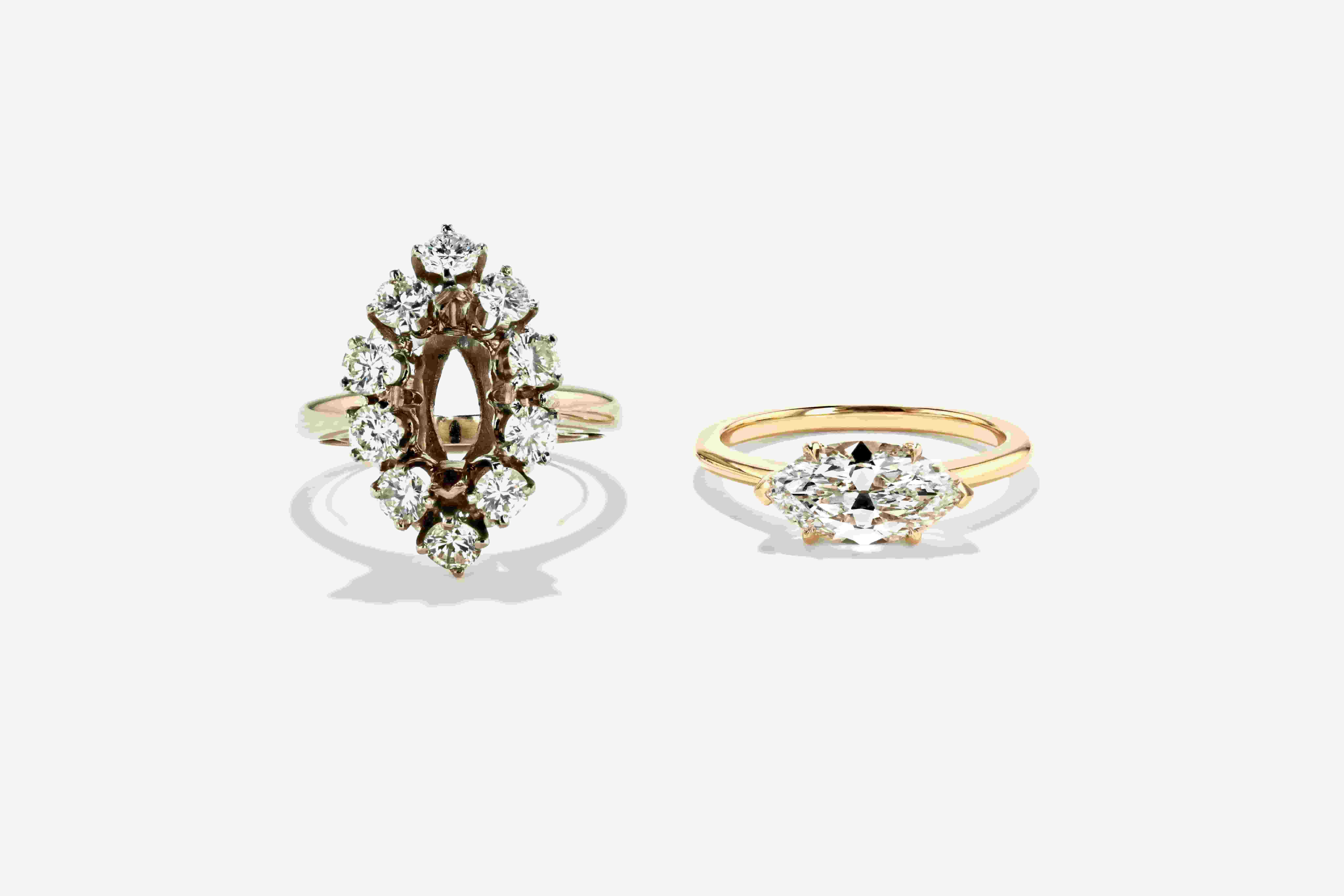 before and after image of an engagement ring repurposed into a new ring by MiaDonna