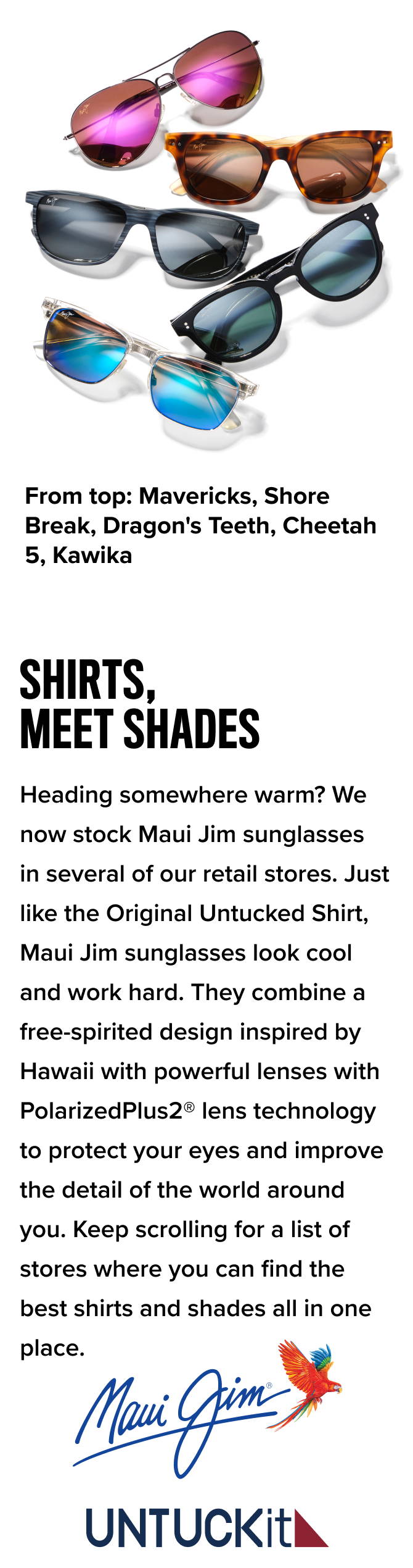 Shirts, Meet Shades — Products from top: Mavericks, Shore Break, Dragon's Teeth, Cheetah 5, Kawika