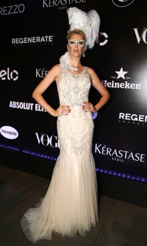 Brazilian supermodel Ana Hickmann in Badgley Mischka at the Vogue masquerade ball in Sao Paulo
