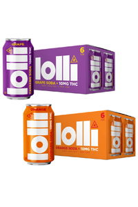 Lolli THC-infused soda in grape and orange flavors, featuring packaging designs.