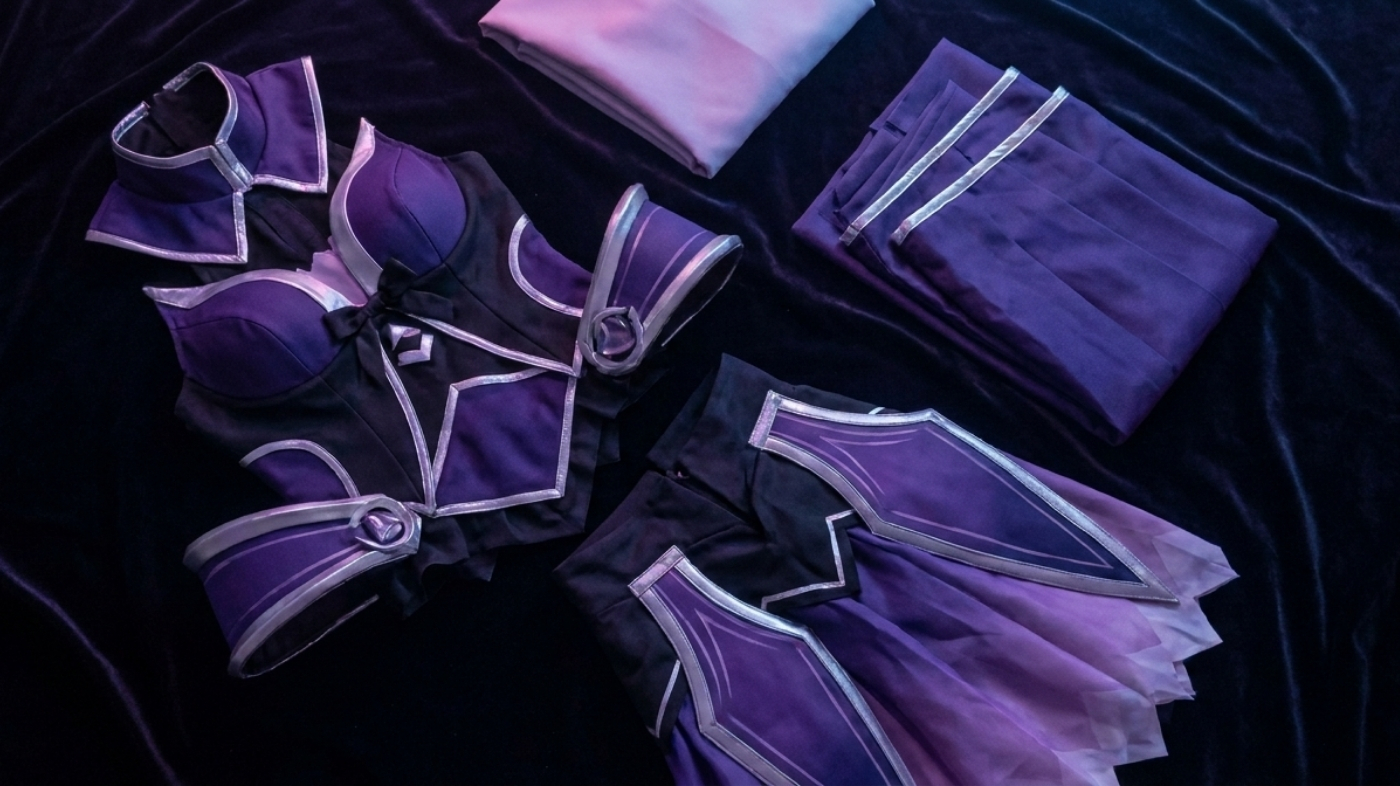 Tohka Yatogami Date A Live Spirit form cosplay costume detail with violet armor and silver trim