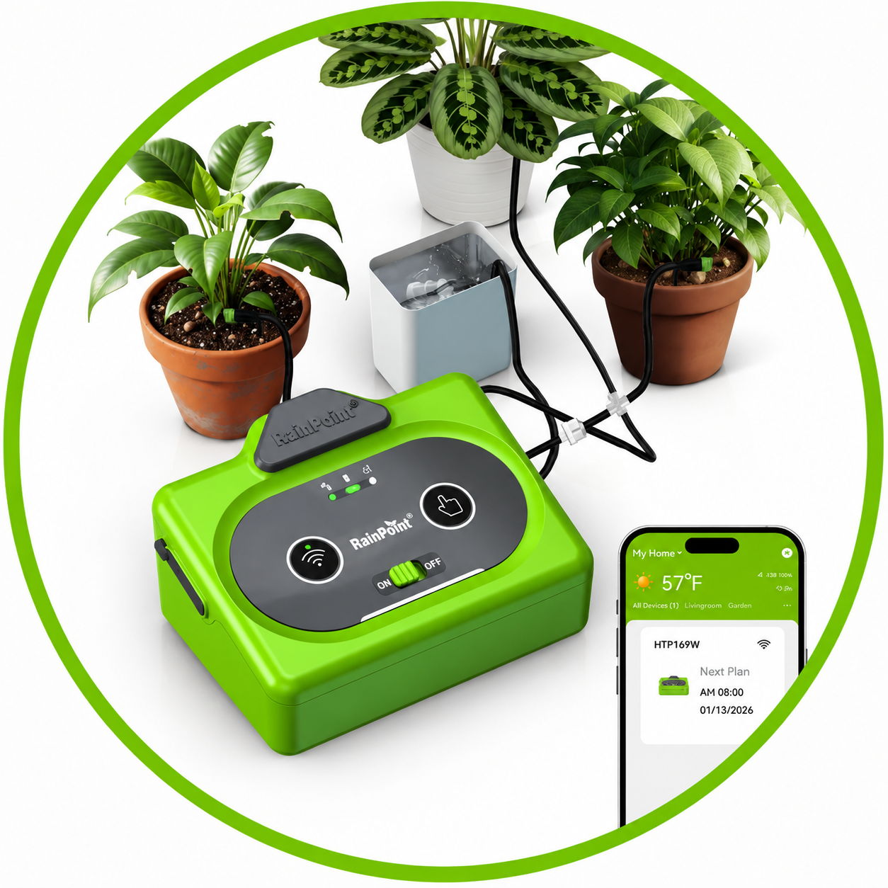 Green device with plants and a smartphone nearby.