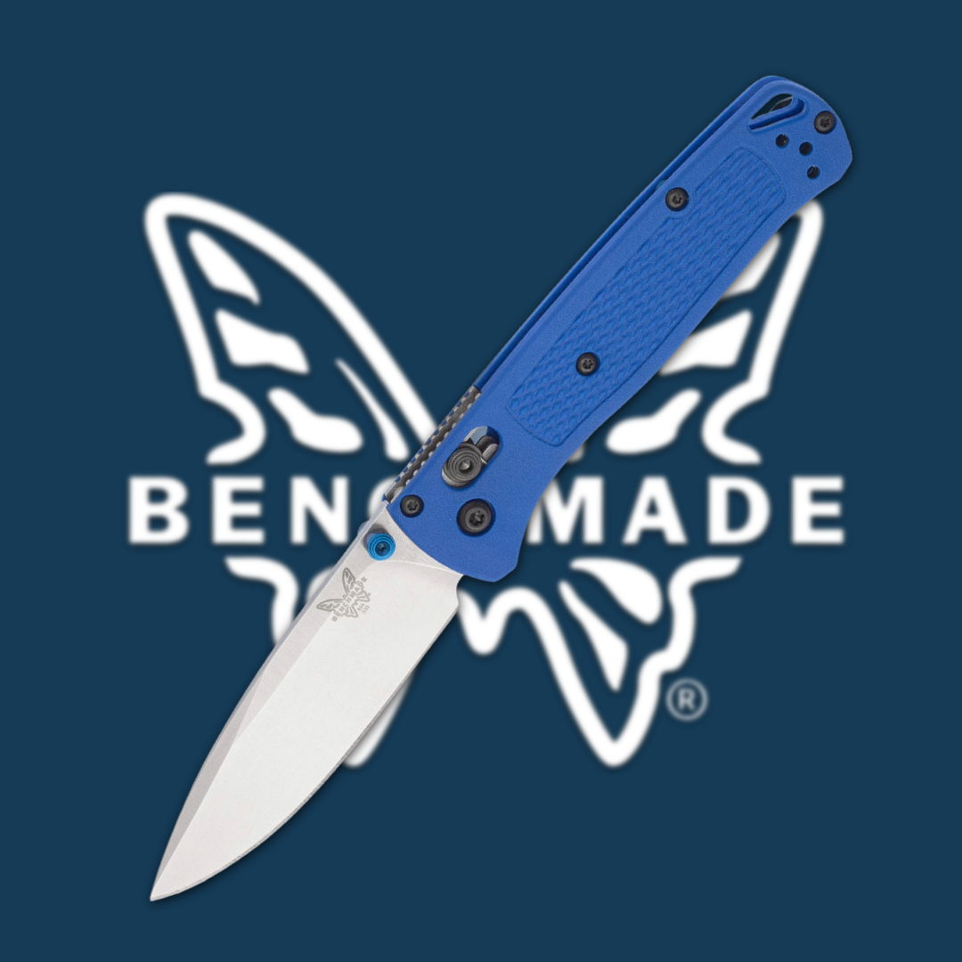 Blue folding knife with a stainless steel blade on a dark background.