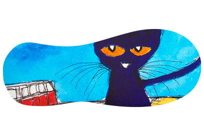 A whimsical black cat with yellow eyes against a blue background.