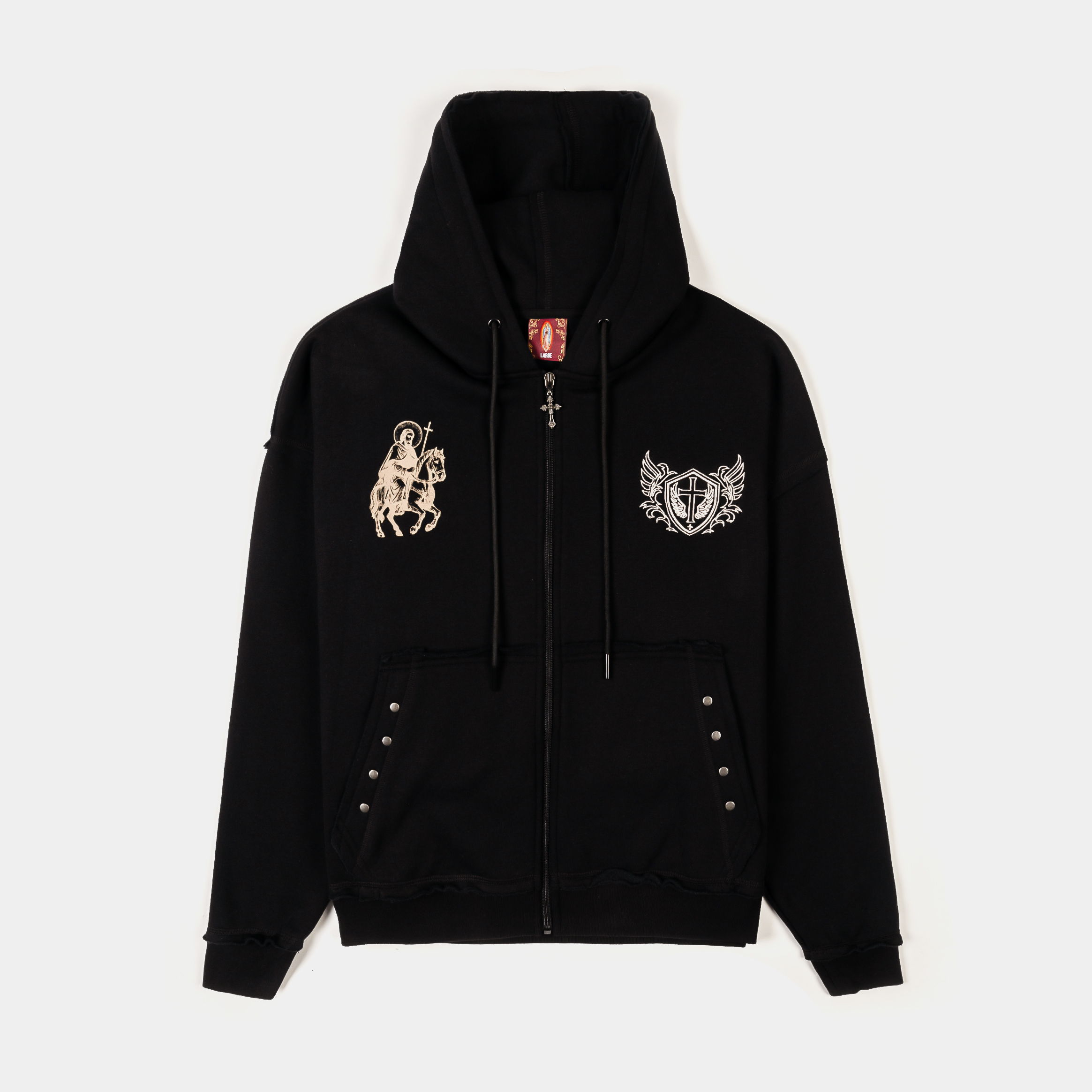 Black zip-up hoodie with graphic designs on the front.
