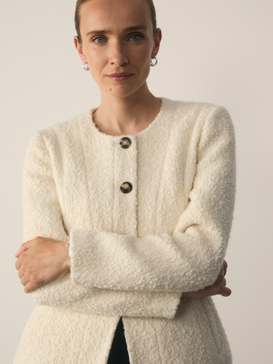 Model wearing Ivory Sunbury Wool Blend Boucle Jacket