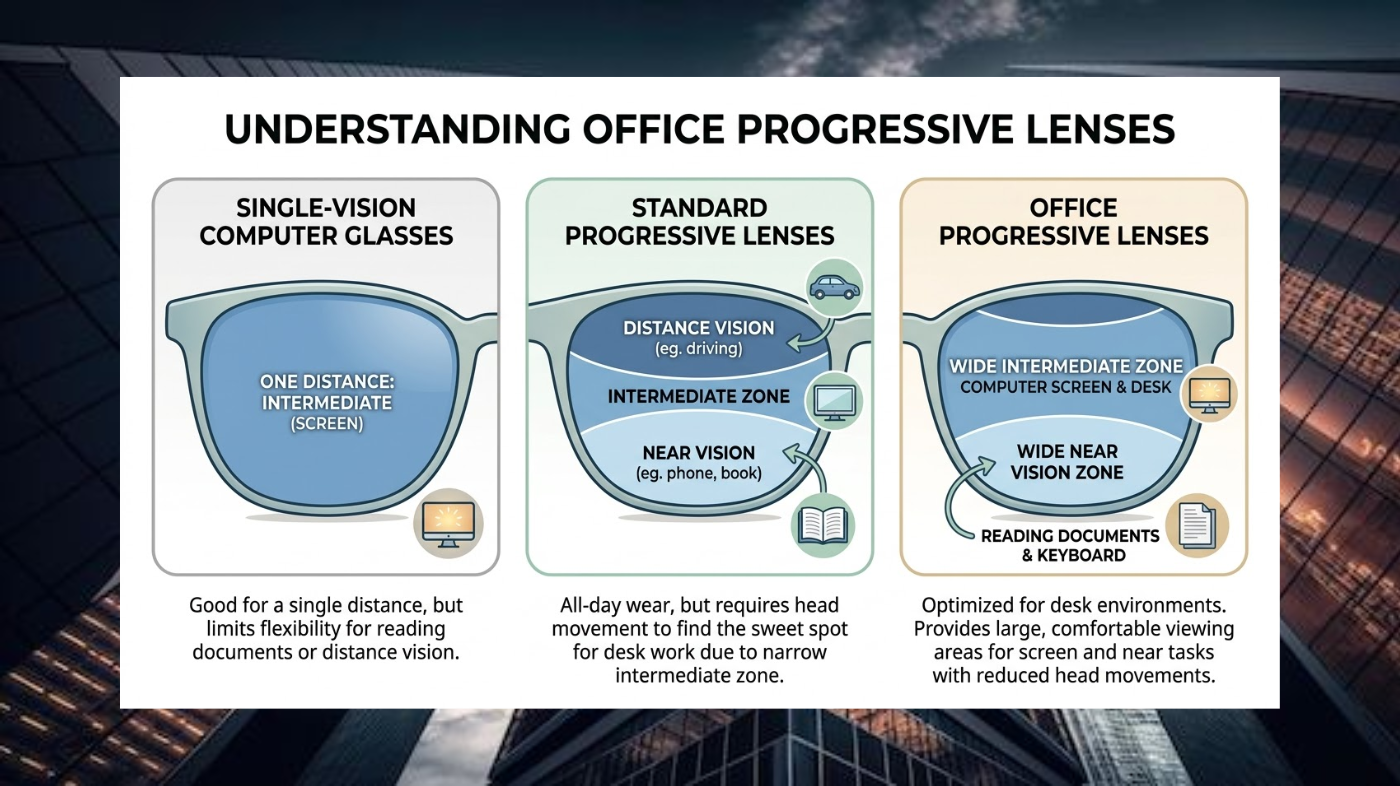 Diagram explaining how office progressive lenses prioritise near and intermediate vision for desk work.